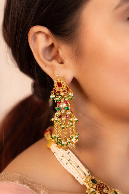 Meenakari Bridal Choker Necklace Set, Red Green Indian Wedding Jewelry, Pearl Beaded Choker Set with Earrings, Statement Ethnic Jewelry