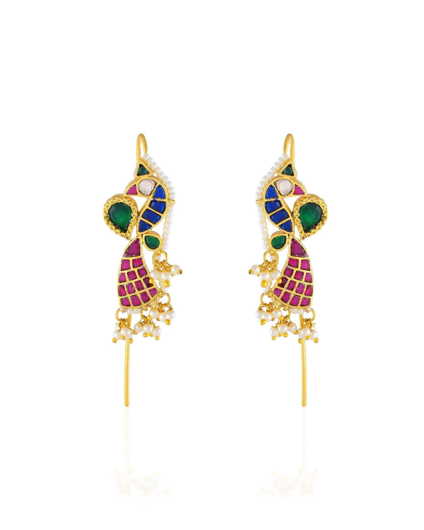 Gold Plated Peacock Ear Cuff Earrings, Kundan Meenakari Pearl Wrap, Traditional Bridal Jewelry