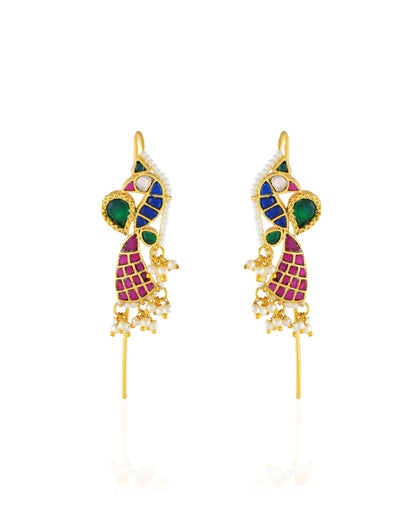 Gold Plated Peacock Ear Cuff Earrings, Kundan Meenakari Pearl Wrap, Traditional Bridal Jewelry