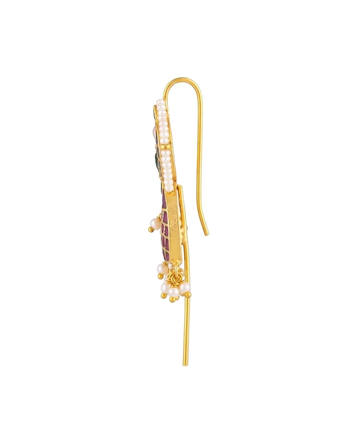 Gold Plated Peacock Ear Cuff Earrings, Kundan Meenakari Pearl Wrap, Traditional Bridal Jewelry