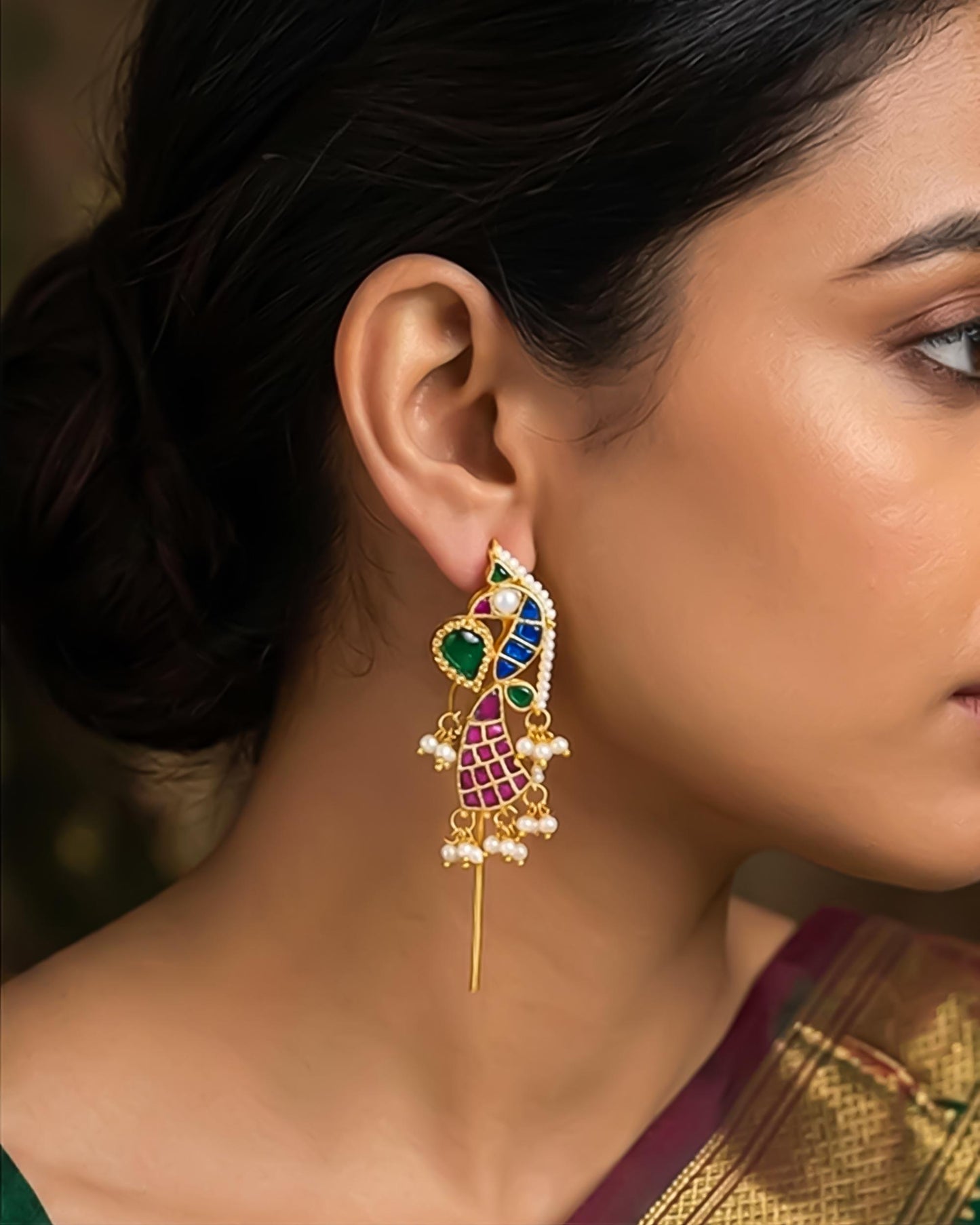 Gold Plated Peacock Ear Cuff Earrings, Kundan Meenakari Pearl Wrap, Traditional Bridal Jewelry