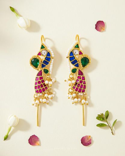 Gold Plated Peacock Ear Cuff Earrings, Kundan Meenakari Pearl Wrap, Traditional Bridal Jewelry