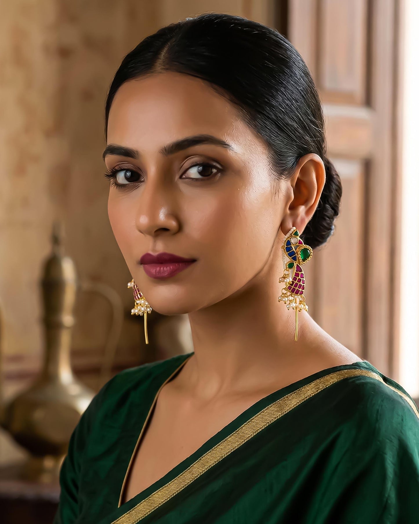 Gold Plated Peacock Ear Cuff Earrings, Kundan Meenakari Pearl Wrap, Traditional Bridal Jewelry