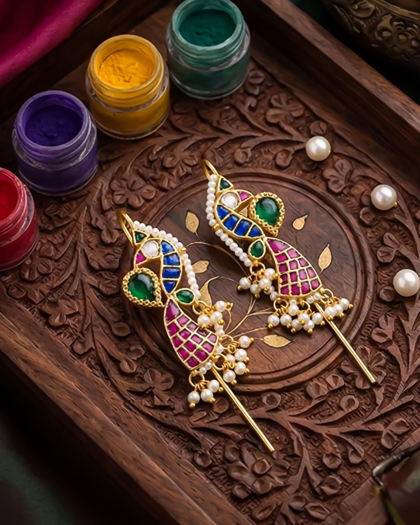Gold Plated Peacock Ear Cuff Earrings, Kundan Meenakari Pearl Wrap, Traditional Bridal Jewelry