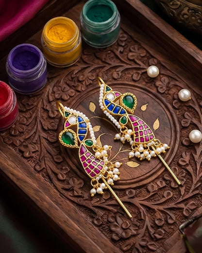 Gold Plated Peacock Ear Cuff Earrings, Kundan Meenakari Pearl Wrap, Traditional Bridal Jewelry