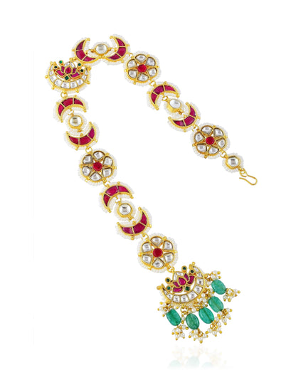 Kundan Meenakari Braid Jewelry, Indian Bridal Hair Accessory, Gold Pearl Green Drops
