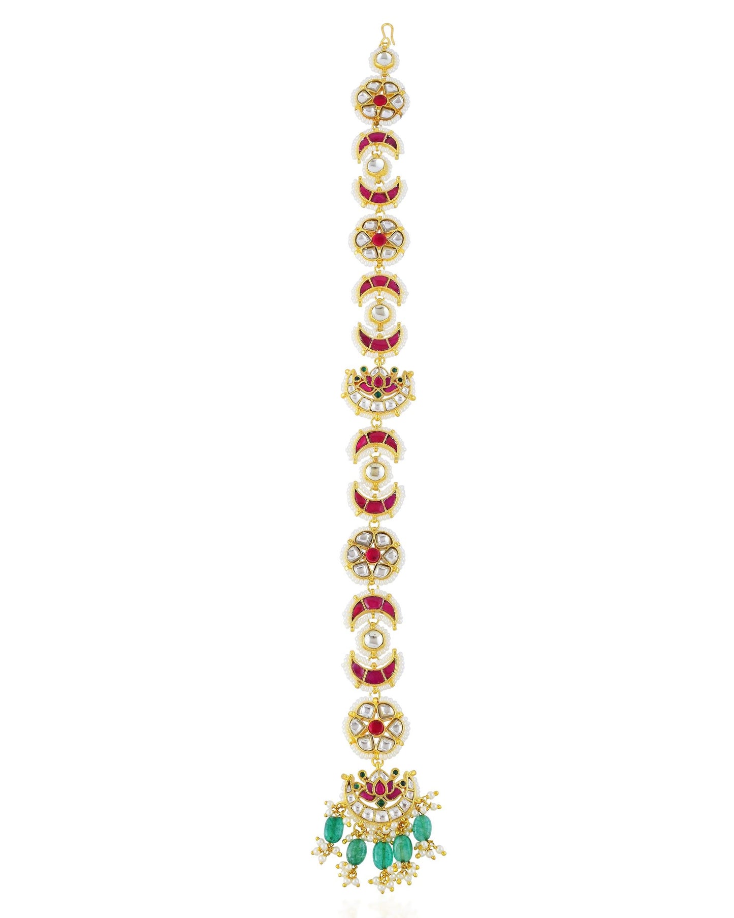 Kundan Meenakari Braid Jewelry, Indian Bridal Hair Accessory, Gold Pearl Green Drops