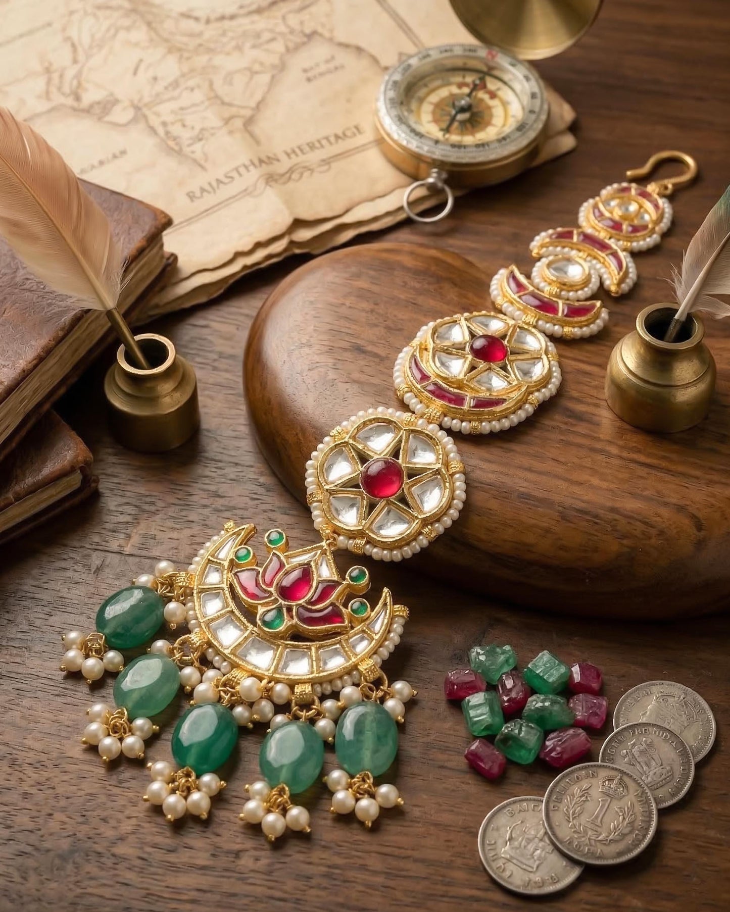 Kundan Meenakari Braid Jewelry, Indian Bridal Hair Accessory, Gold Pearl Green Drops