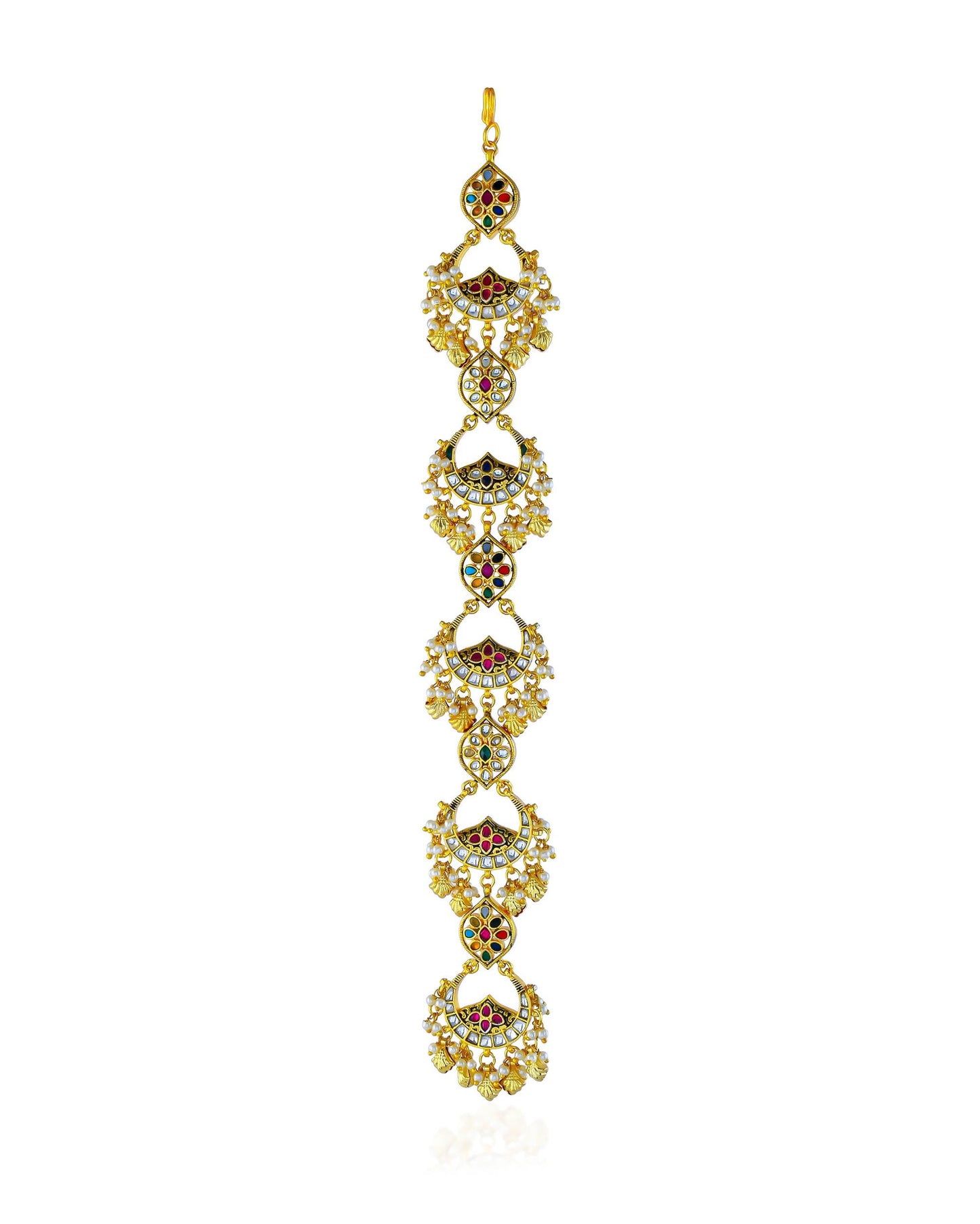 Kundan Meenakari Braid Jewelry, Gold Indian Wedding Hair Accessory, Pearl Green Drops