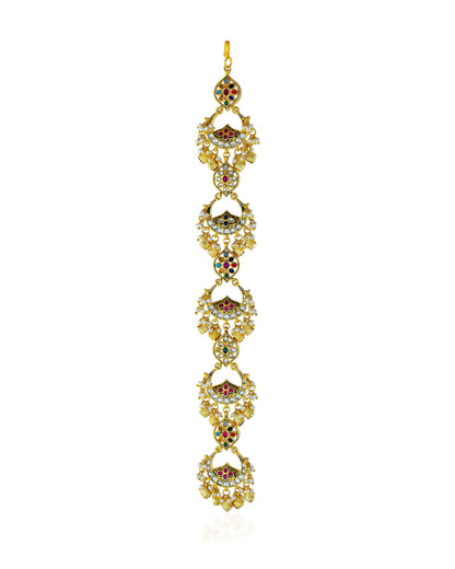 Kundan Meenakari Braid Jewelry, Gold Indian Wedding Hair Accessory, Pearl Green Drops