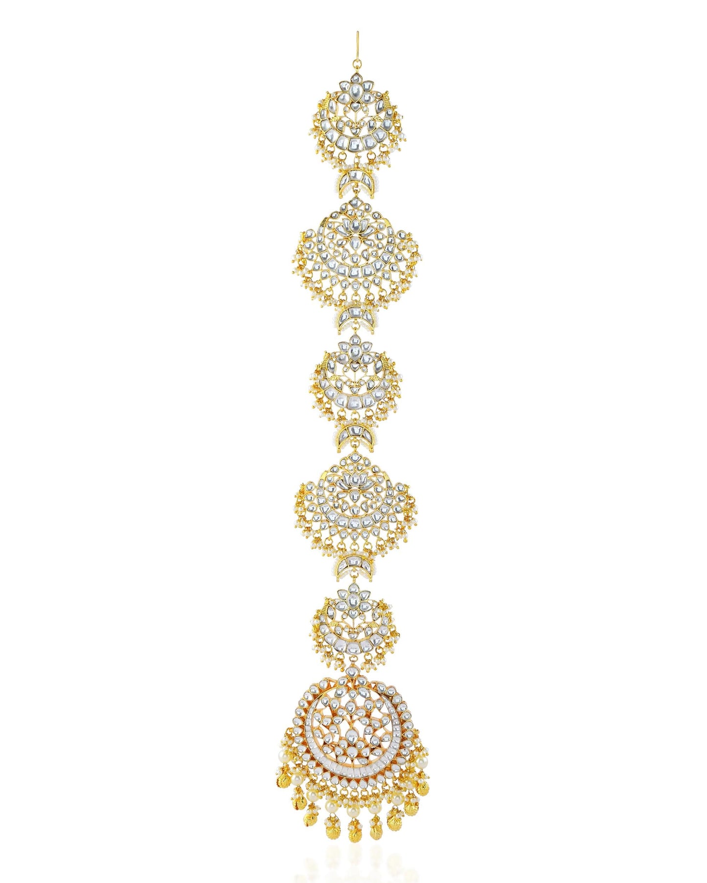 White Kundan Braid Jewelry, Gold Pearl Indian Wedding Hair Chain