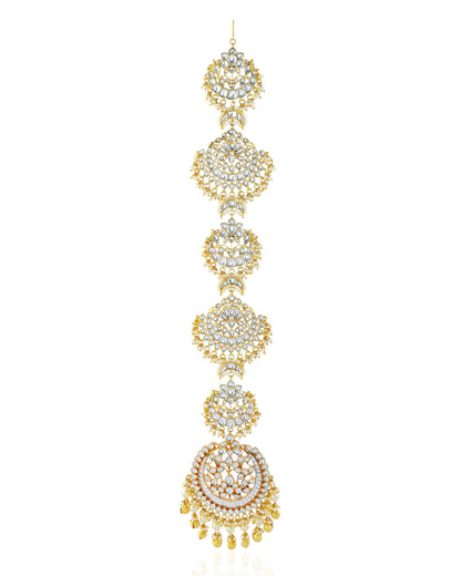 White Kundan Braid Jewelry, Gold Pearl Indian Wedding Hair Chain