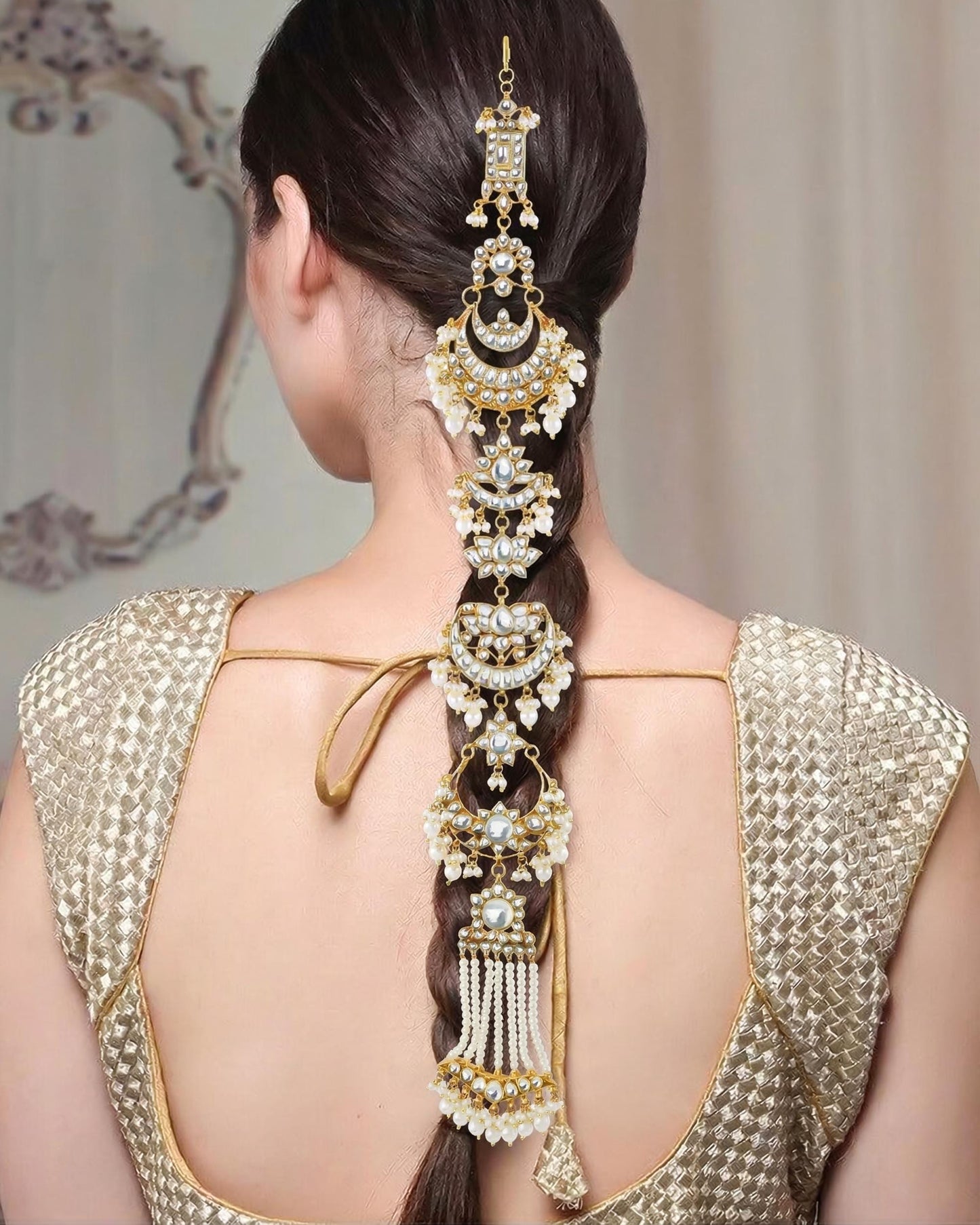 Kundan Pearl Indian Braid Accessory: Traditional Bridal Wedding Hair Jewelry