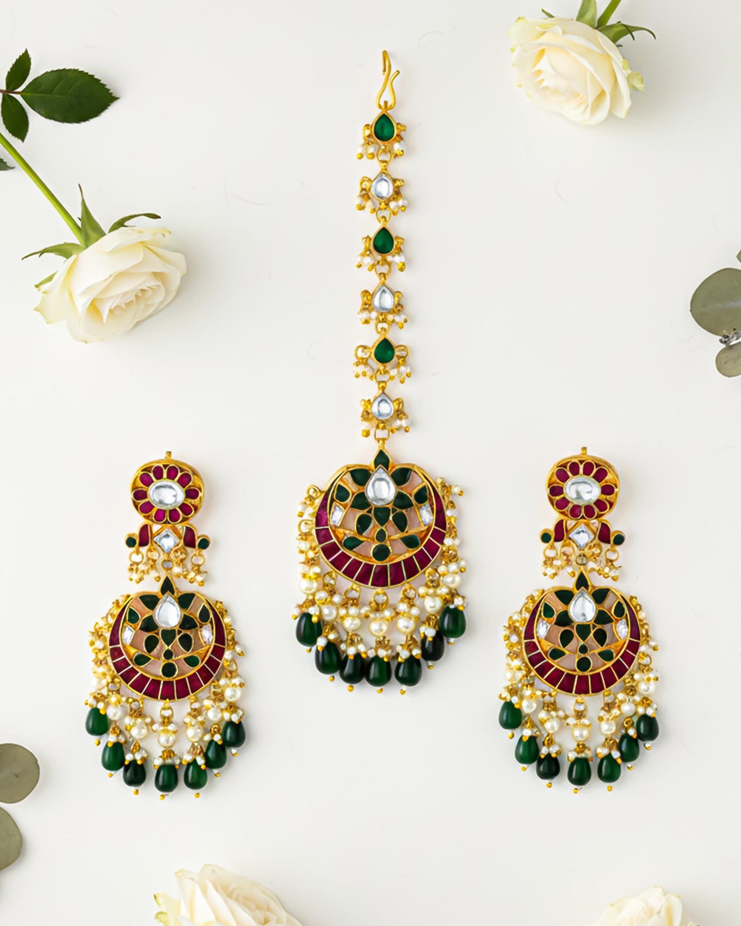 Kundan Maang Tikka Earrings Set, Indian Bridal Jewelry, Green Red Pearls
