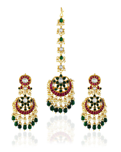 Kundan Maang Tikka Earrings Set, Indian Bridal Jewelry, Green Red Pearls