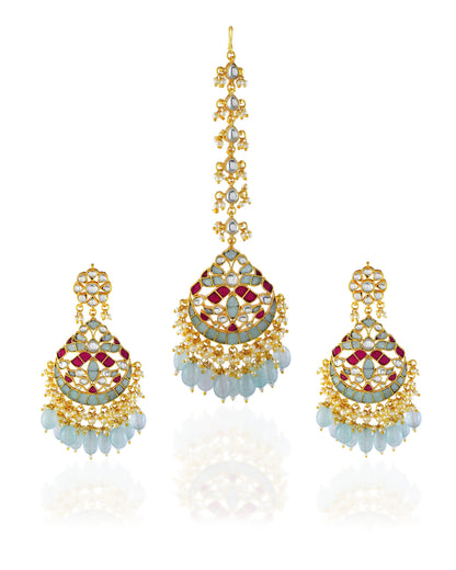 Gold Plated Kundan Tikka Set with Earrings, Turquoise Enamel Bridal Jewelry