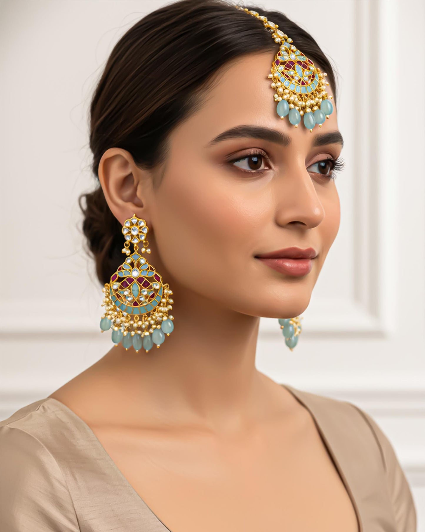 Gold Plated Kundan Tikka Set with Earrings, Turquoise Enamel Bridal Jewelry