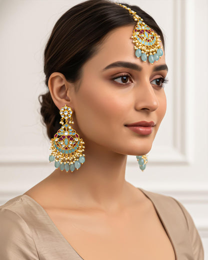 Gold Plated Kundan Tikka Set with Earrings, Turquoise Enamel Bridal Jewelry