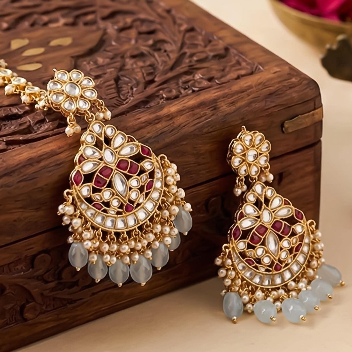 Gold Plated Kundan Tikka Set with Earrings, Turquoise Enamel Bridal Jewelry