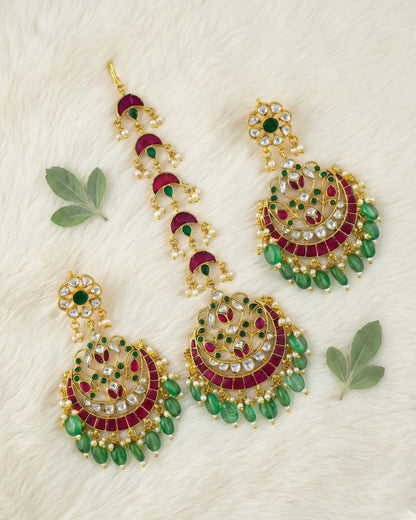 Kundan Chand Bali Maang Tikka Earrings Set, Indian Bridal Jewelry, Green Red Stones