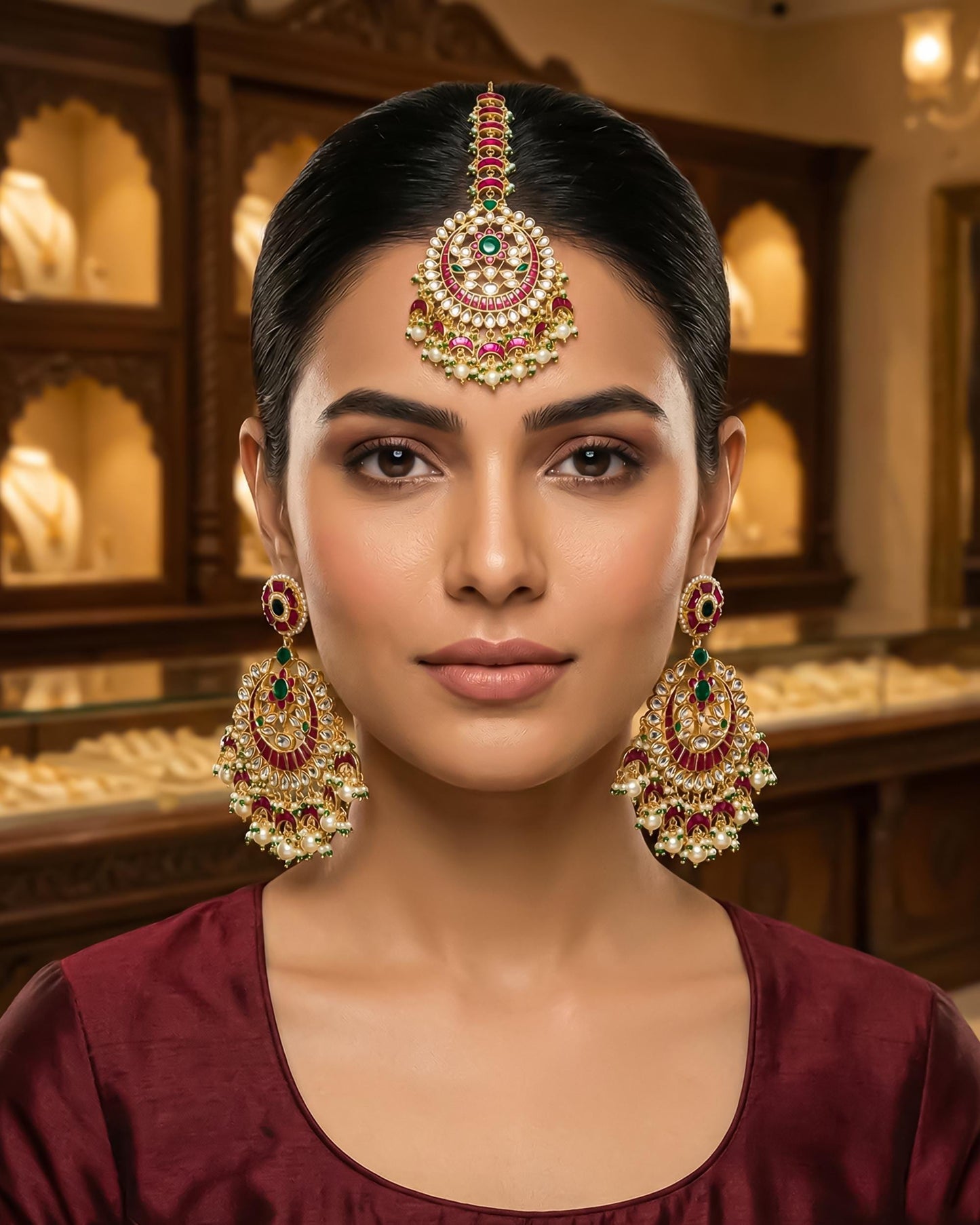 Gold Kundan Bridal Jewelry Set, Red Green Chandbali Earrings Maang Tikka