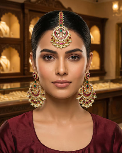 Gold Kundan Bridal Jewelry Set, Red Green Chandbali Earrings Maang Tikka