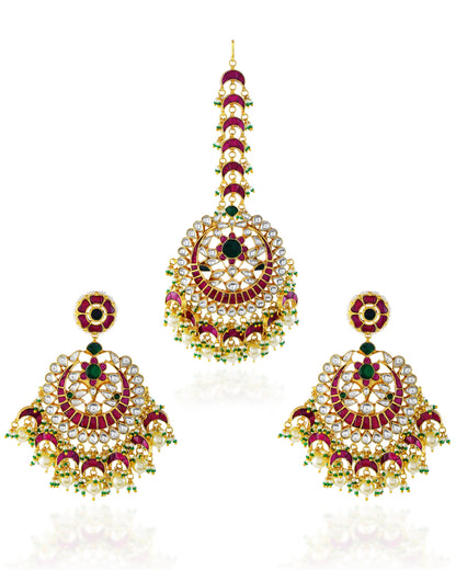 Gold Kundan Bridal Jewelry Set, Red Green Chandbali Earrings Maang Tikka