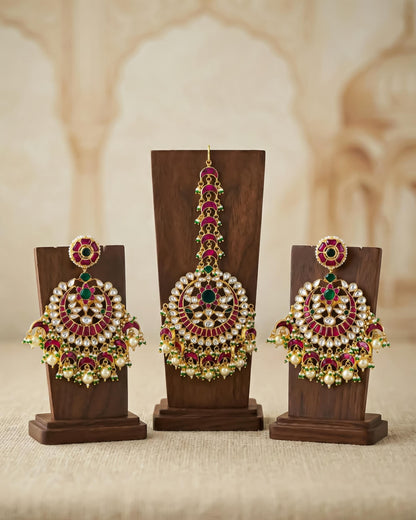 Gold Kundan Bridal Jewelry Set, Red Green Chandbali Earrings Maang Tikka