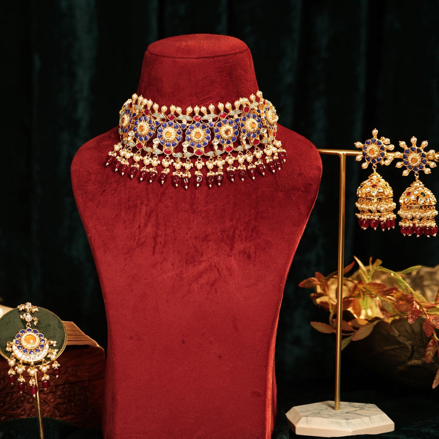 Kundan Choker Necklace Set with Jhumka Earrings, Traditional Indian Bridal Jewelry, Pearl & Ruby Beaded Gold Choker, Wedding Jewelry Set