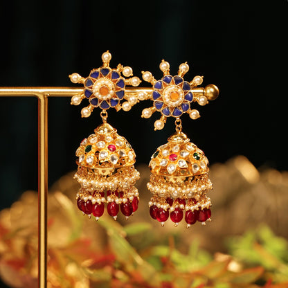 Kundan Choker Necklace Set with Jhumka Earrings, Traditional Indian Bridal Jewelry, Pearl & Ruby Beaded Gold Choker, Wedding Jewelry Set
