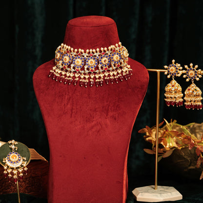 Kundan Choker Necklace Set with Jhumka Earrings, Traditional Indian Bridal Jewelry, Pearl & Ruby Beaded Gold Choker, Wedding Jewelry Set