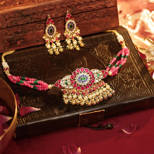 Pink Kundan Choker Necklace Set with Earrings, Indian Bridal Jewelry, Green Beaded Choker, Traditional Wedding Necklace, Pearl Drop Jewelry