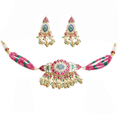 Pink Kundan Choker Necklace Set with Earrings, Indian Bridal Jewelry, Green Beaded Choker, Traditional Wedding Necklace, Pearl Drop Jewelry