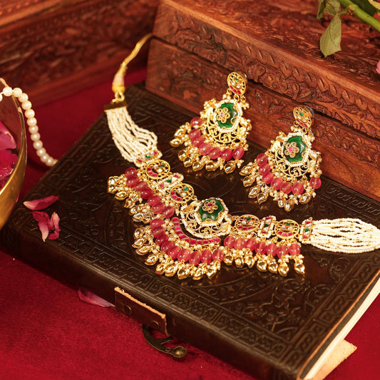 Pink Kundan Choker Necklace Set with Earrings, Indian Bridal Jewelry, Green Beaded Choker, Traditional Wedding Necklace, Pearl Drop Jewelry