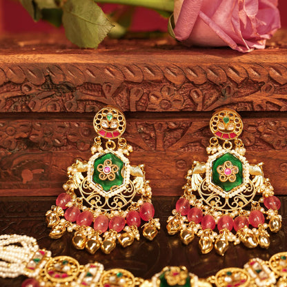 Pink Kundan Choker Necklace Set with Earrings, Indian Bridal Jewelry, Green Beaded Choker, Traditional Wedding Necklace, Pearl Drop Jewelry