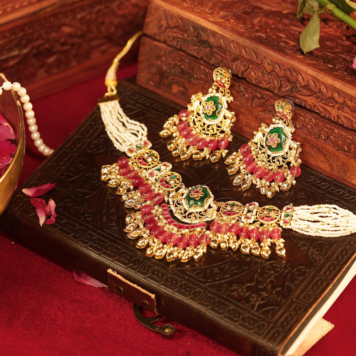 Pink Kundan Choker Necklace Set with Earrings, Indian Bridal Jewelry, Green Beaded Choker, Traditional Wedding Necklace, Pearl Drop Jewelry