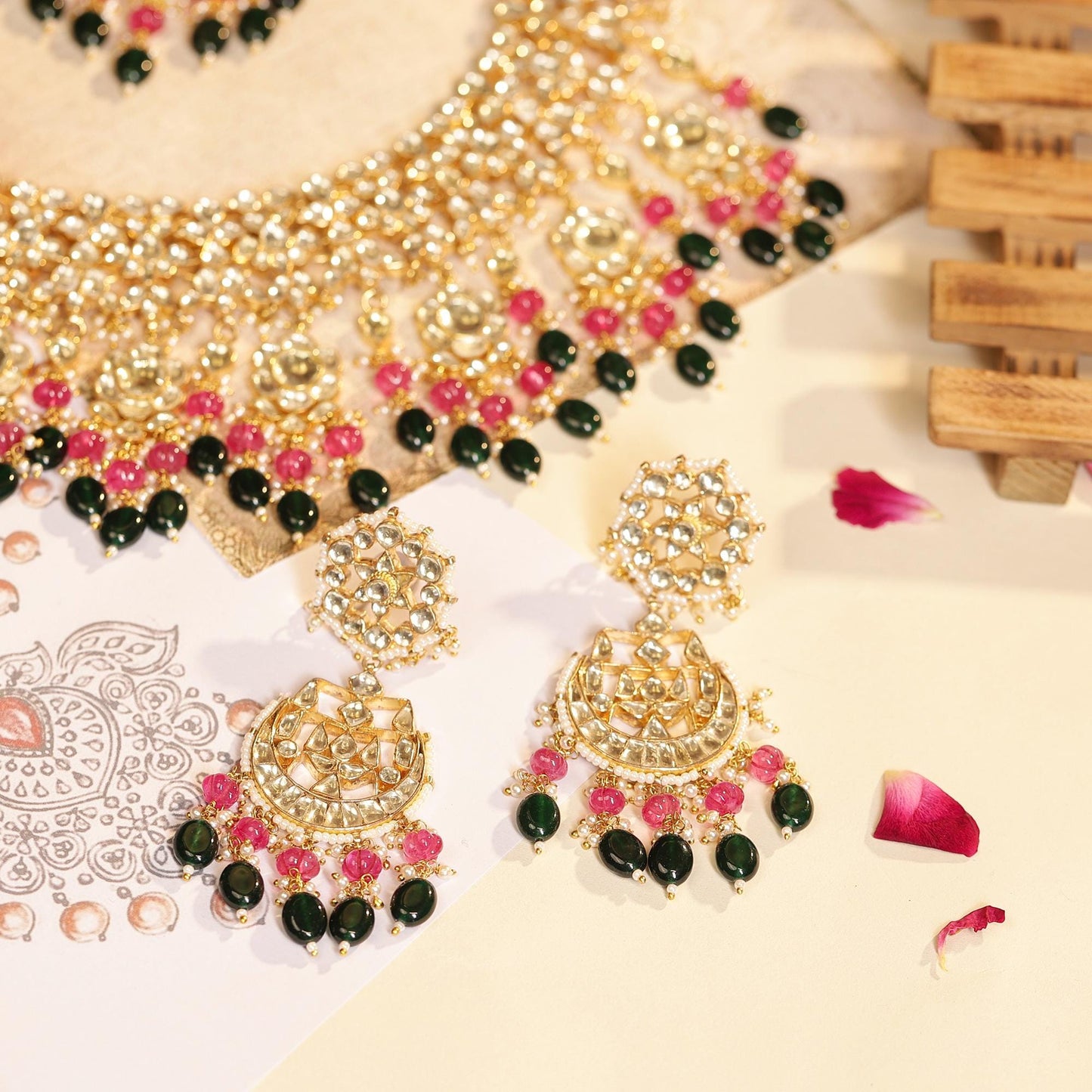 Kundan Necklace Set with Earrings Maang Tikka, Bridal Indian Jewelry Set, Gold Plated Polki Choker, Pink & Green Stone Wedding Jewelry