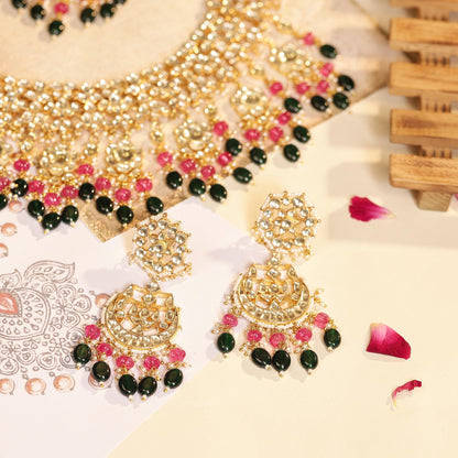 Kundan Necklace Set with Earrings Maang Tikka, Bridal Indian Jewelry Set, Gold Plated Polki Choker, Pink & Green Stone Wedding Jewelry