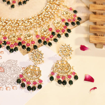 Kundan Necklace Set with Earrings Maang Tikka, Bridal Indian Jewelry Set, Gold Plated Polki Choker, Pink & Green Stone Wedding Jewelry