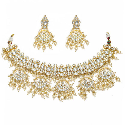 Gold Kundan Choker Necklace Set with Earrings, Bridal Polki Jewelry Set, Pearl Drop Indian Wedding Jewelry, Traditional Ethnic Statement Set