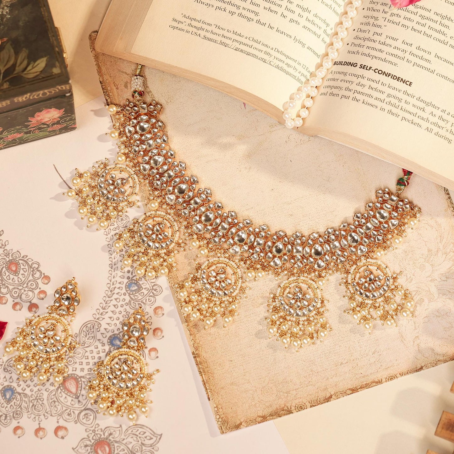 Gold Kundan Choker Necklace Set with Earrings, Bridal Polki Jewelry Set, Pearl Drop Indian Wedding Jewelry, Traditional Ethnic Statement Set