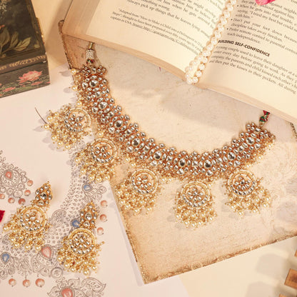 Gold Kundan Choker Necklace Set with Earrings, Bridal Polki Jewelry Set, Pearl Drop Indian Wedding Jewelry, Traditional Ethnic Statement Set