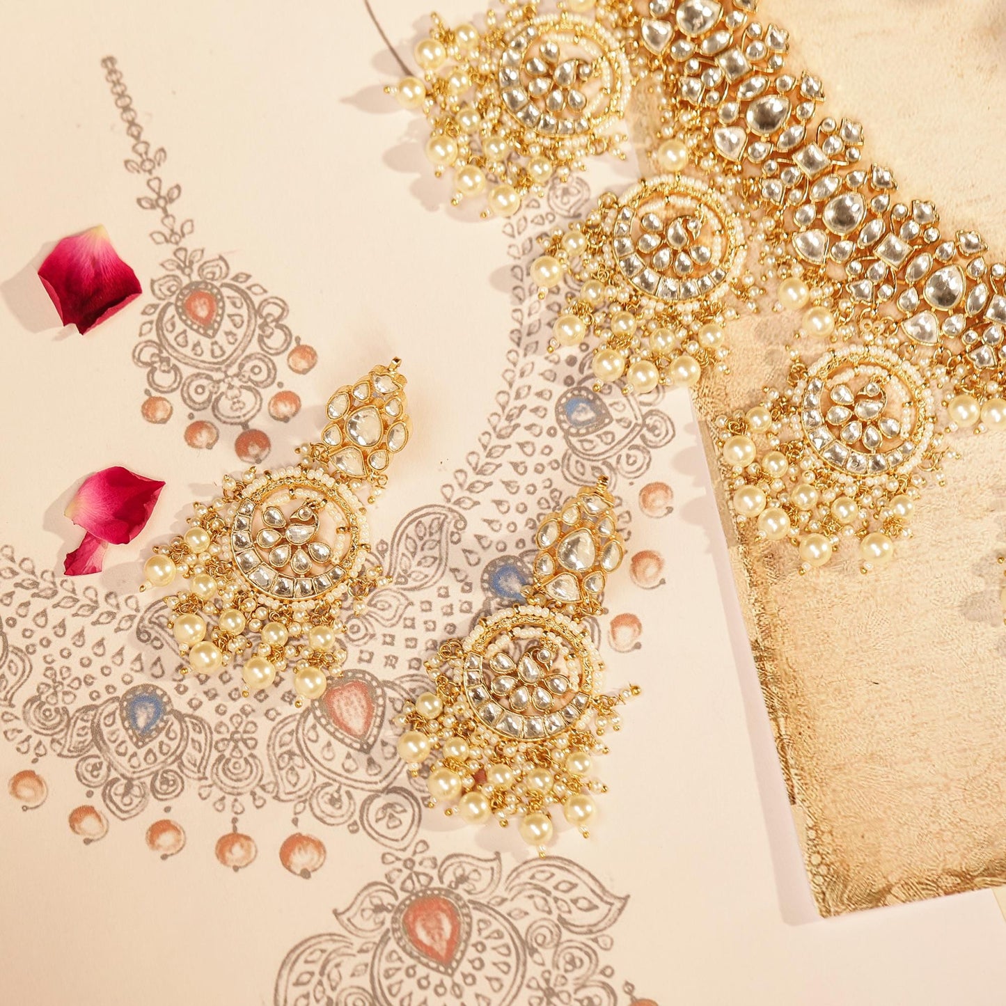 Gold Kundan Choker Necklace Set with Earrings, Bridal Polki Jewelry Set, Pearl Drop Indian Wedding Jewelry, Traditional Ethnic Statement Set