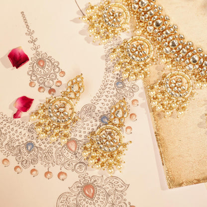 Gold Kundan Choker Necklace Set with Earrings, Bridal Polki Jewelry Set, Pearl Drop Indian Wedding Jewelry, Traditional Ethnic Statement Set