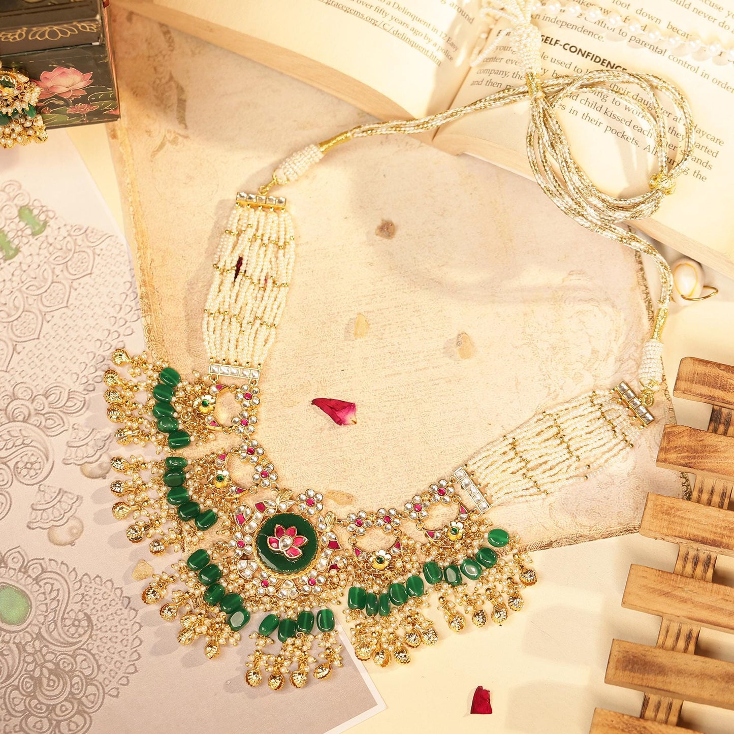 Kundan Pearl Choker Necklace Set with Green Beads, Indian Bridal Jewelry Set, Gold Polki Necklace with Earrings, Wedding Jewelry