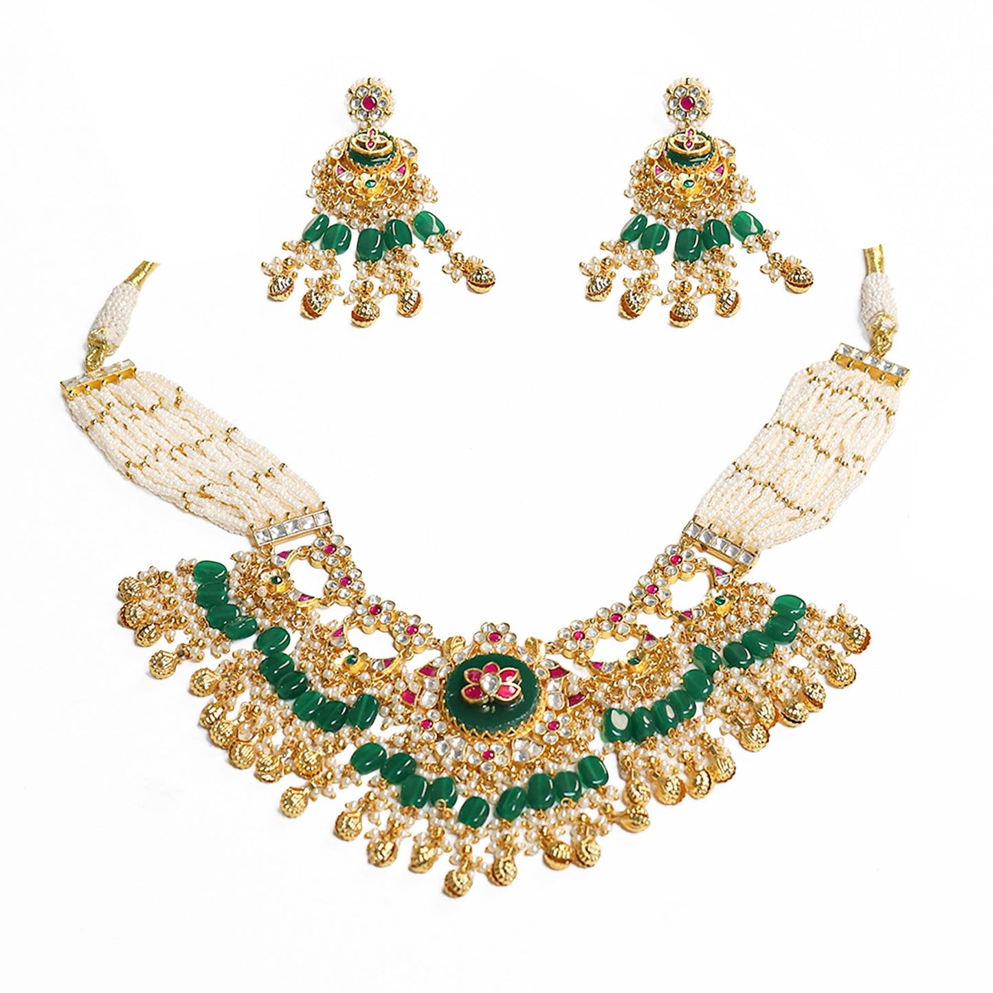 Kundan Pearl Choker Necklace Set with Green Beads, Indian Bridal Jewelry Set, Gold Polki Necklace with Earrings, Wedding Jewelry