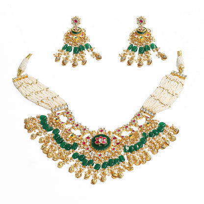 Kundan Pearl Choker Necklace Set with Green Beads, Indian Bridal Jewelry Set, Gold Polki Necklace with Earrings, Wedding Jewelry