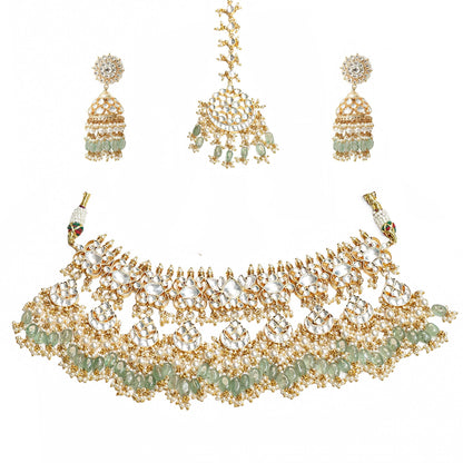 Gold Kundan Bridal Necklace Set with Maang Tikka & Jhumka Earrings, Green Beaded Wedding Jewelry, Bridal Choker Set, Pearl Polki Jewelry