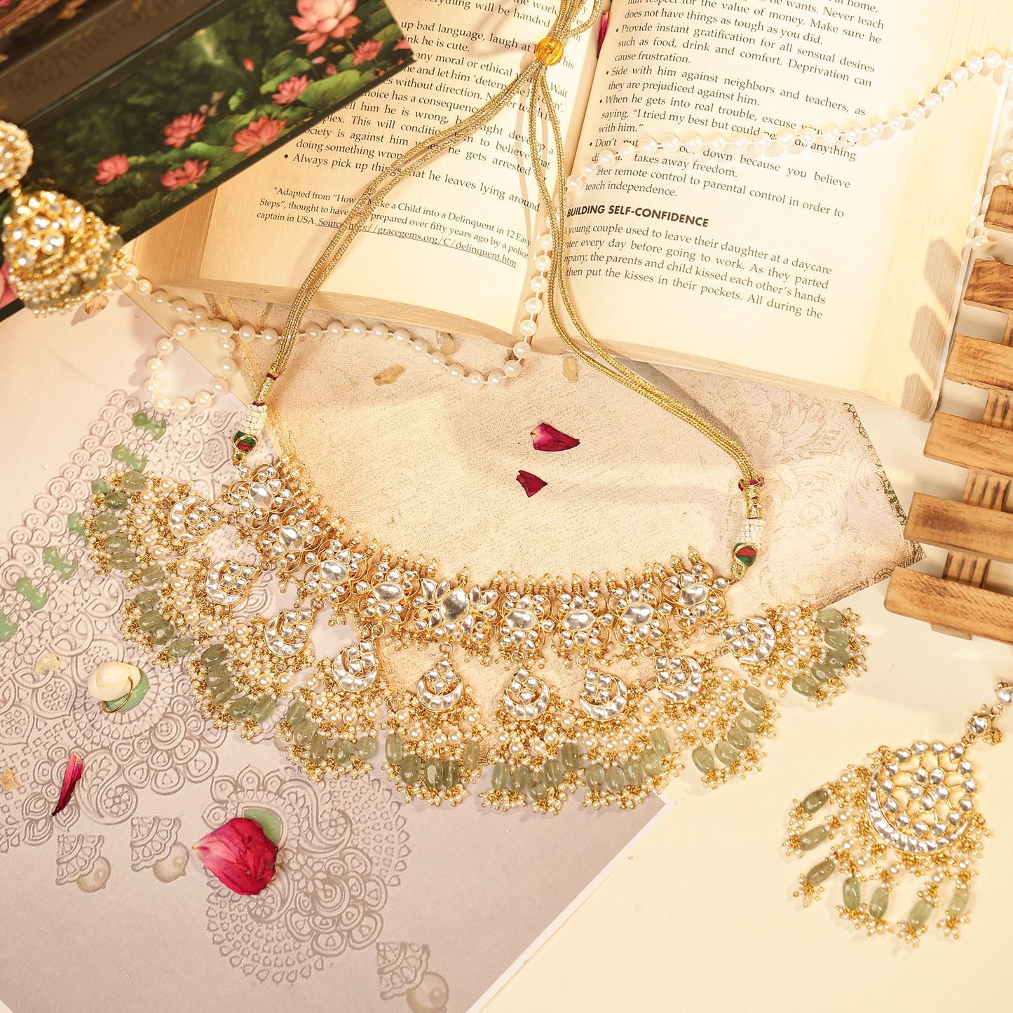 Gold Kundan Bridal Necklace Set with Maang Tikka & Jhumka Earrings, Green Beaded Wedding Jewelry, Bridal Choker Set, Pearl Polki Jewelry