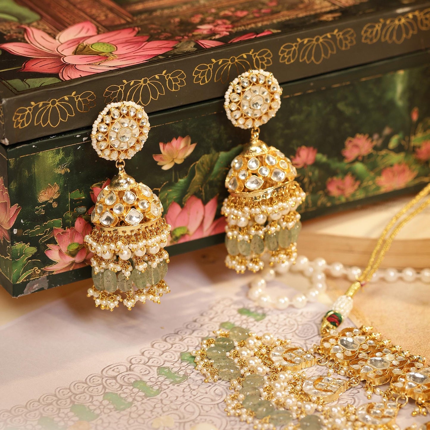 Gold Kundan Bridal Necklace Set with Maang Tikka & Jhumka Earrings, Green Beaded Wedding Jewelry, Bridal Choker Set, Pearl Polki Jewelry